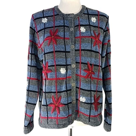 VINTAGE Knit Cardigan Hand Embroidered Granny Cottagecore Snowflake Gray Size L - Picture 1 of 14